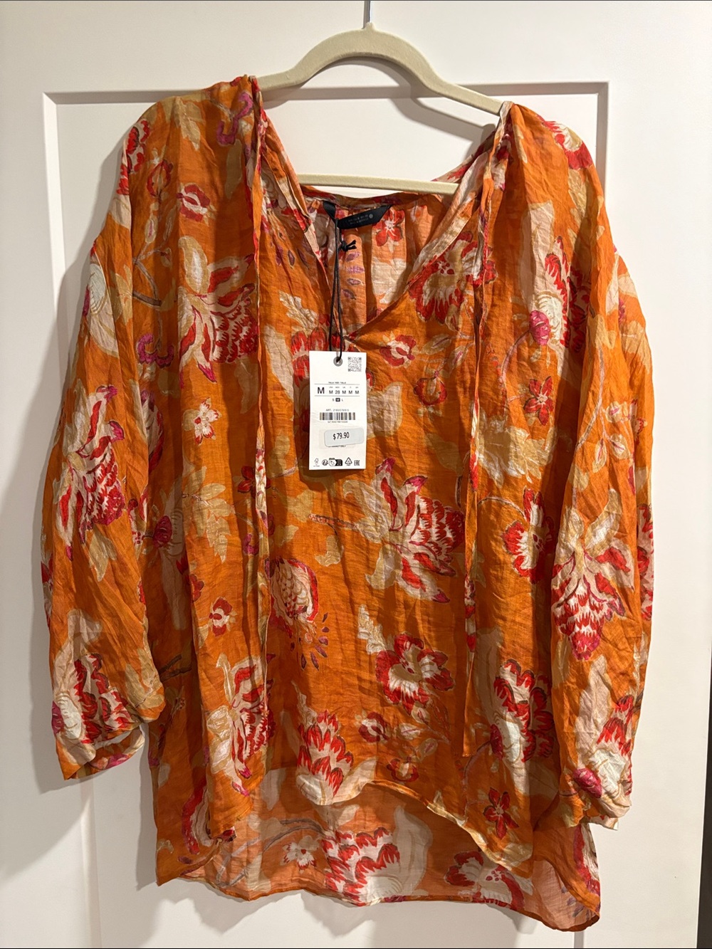 Zara NWT orange floral tie neck top size Medium